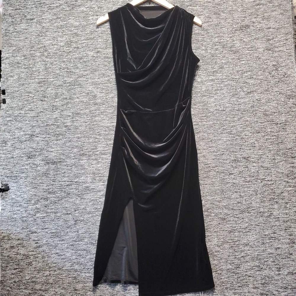Halara Velvet Dress Womens Small Black Cowl Neck Ruched Slit Midi NWT Sleeveless